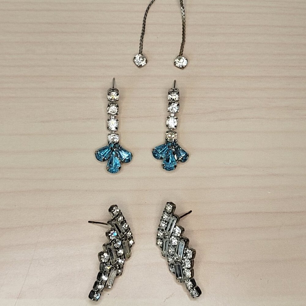 Bundle of 3 Pairs of Clear & Blue CZ Rhinestone Earrings: Chunky Studs & Drop